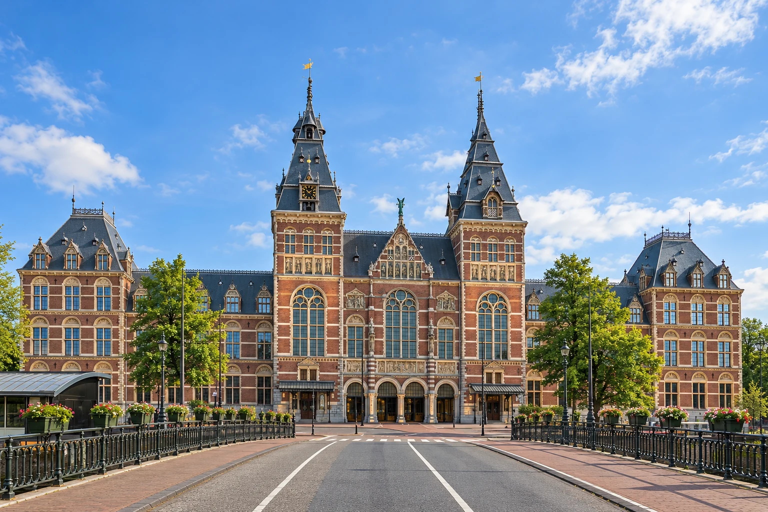 Rijksmuseum facade in bright daylight with an empty bridge approach