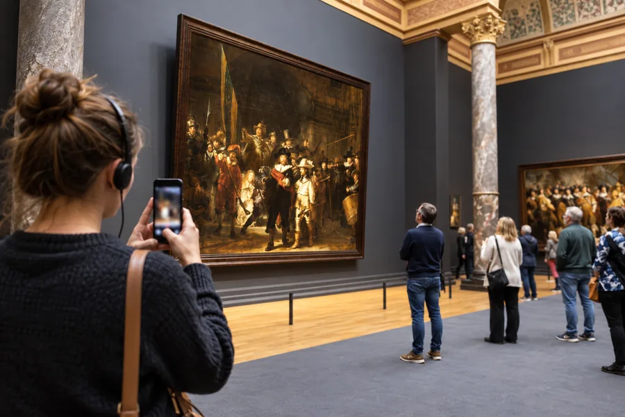 A visitor using the Rijksmuseum app and headphones for an audio route