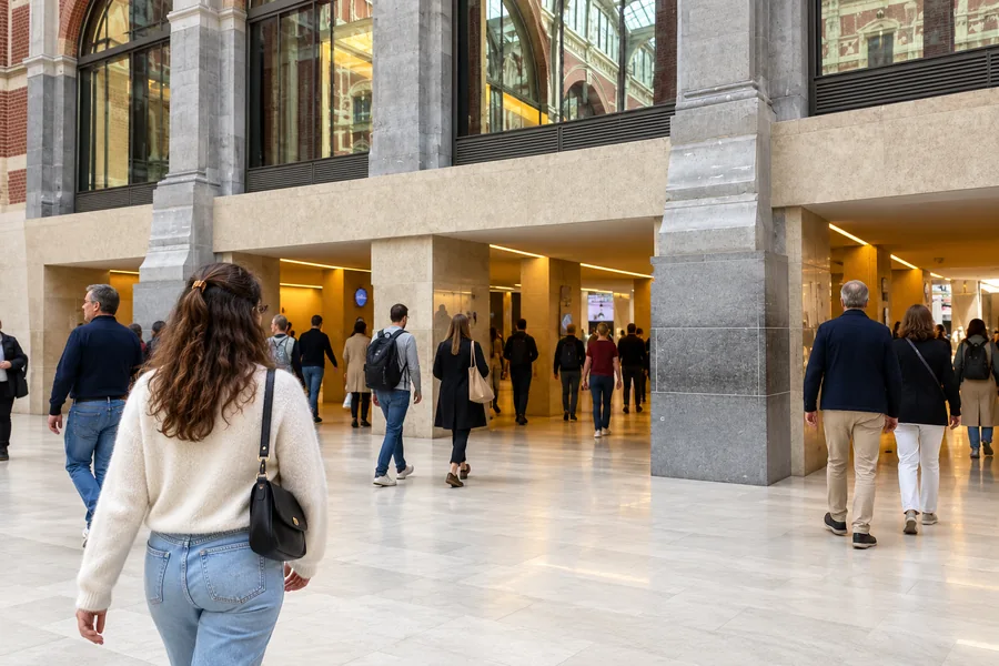 Visitor carrying a small shoulder bag through the Rijksmuseum atrium